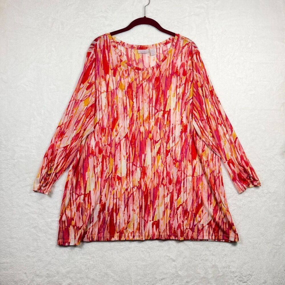 LOGO by Lori Goldstein Layers Mesh Tunic Top 2X Pink Abstract Print Long Sleeve